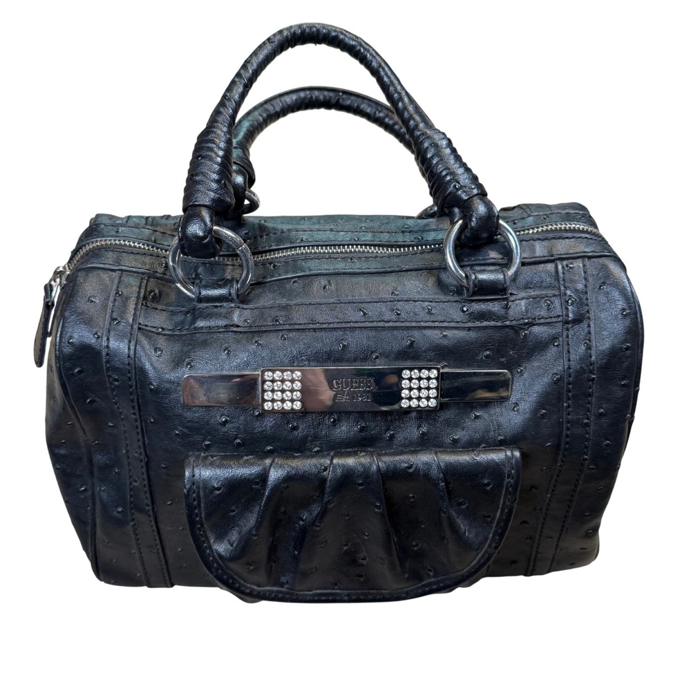 Guess Kimo Black Ostrich Embossed Satchel Handbag Rhinestone Logo Floral Inside
